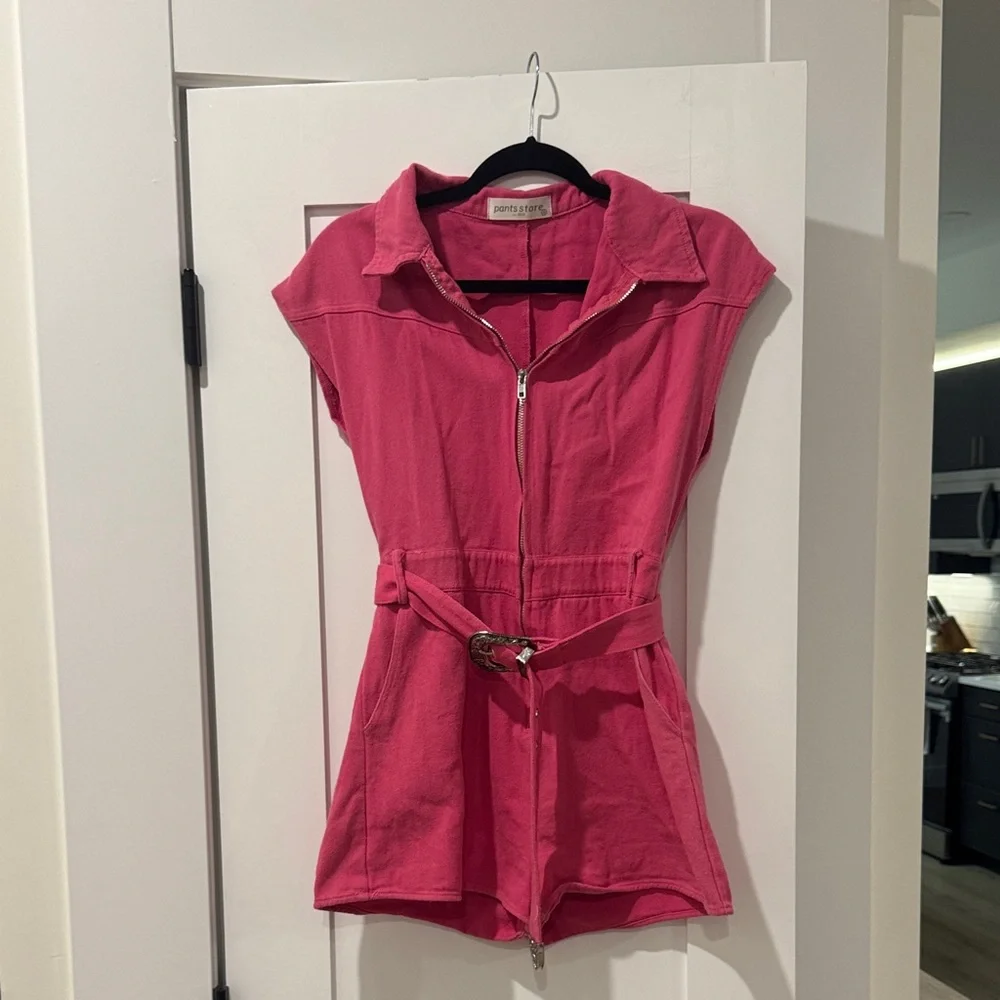 Hot Pink Zip-Front Romper with Belted Waist - Picture 1 of 1